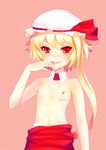  blood blood_on_face detached_collar fang flandre_scarlet flat_chest hat looking_at_viewer nipples red_eyes short_hair side_ponytail simple_background smile solo tianlluo topless touhou upper_body 