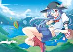  adapted_costume aircraft bird blue_hair blush boots cross-laced_footwear flying food fruit hat highres hinanawi_tenshi hot_air_balloon lake landscape long_hair midriff one_eye_closed peach red_eyes skirt solo soramuko touhou 