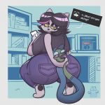  2018 anthro asphyxiation big_butt black_clothing black_hair black_nose black_shirt black_topwear butt cat catti_(deltarune) choking clothed clothing crouching deltarune dialogue digital_media_(artwork) duo english_text eyeshadow feline female fully_clothed fur hair headshot_portrait hi_res huge_butt icon jeans looking_back makeup male mammal multicolored_hair open_mouth overweight overweight_female pants portrait reptile scalie shirt simple_background sitting snake sweater_pups_(artist) text thick_thighs tongue tongue_out two_tone_hair video_games voluptuous white_fur wide_hips yellow_eyes 