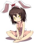  animal_ears bare_legs bare_shoulders barefoot bound brown_hair bunny_ears bunny_tail carrot carrot_necklace crossed_legs inaba_tewi jewelry necklace noya_makoto pendant sitting sleeveless slit_pupils solo tail tied_up touhou yellow_eyes 