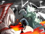  battle bow clenched_teeth constricted_pupils duel electricity fire fujiwara_no_mokou ghost_tail green_eyes green_hair hair_bow hat lightning long_sleeves multiple_girls multiple_tails nicetack red_eyes short_hair soga_no_tojiko tail tate_eboshi teeth touhou white_hair 