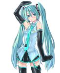  aqua_eyes aqua_hair arere hatsune_miku highres long_hair shoes_on_hands skirt solo thighhighs twintails vocaloid wardrobe_error 