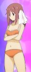  adult artist_request bikini blunt_bangs cleavage closed_mouth collarbone crossed_arms eyebrows_visible_through_hair foreshortening legs navel raised_eyebrows sakura_trick solo swimsuits takayama_haruka wavy_mouth 