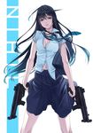  bag black_eyes black_hair breasts cleavage dual_wielding gun h&amp;k_mp5k hamada_youho heckler_&amp;_koch highres holding long_hair looking_at_viewer medium_breasts navel necktie original school_bag school_uniform simple_background skirt solo submachine_gun trigger_discipline weapon white_background wind 