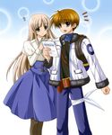  1girl :d :o ? absurdres backpack bag belt blue_eyes brown_hair fur_trim higa_yukari highres jacket lily_strosek long_hair long_skirt lyrical_nanoha mahou_senki_lyrical_nanoha_force mahou_shoujo_lyrical_nanoha mahou_shoujo_lyrical_nanoha_the_movie_1st official_art open_mouth pantyhose script short_hair skirt smile steed_(nanoha) steepled_fingers thoma_avenir 