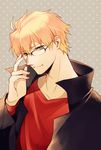  amakura_(am_as) arthur_pendragon_(fate) bespectacled blonde_hair casual fate/prototype fate_(series) glasses green_eyes male_focus over-rim_eyewear semi-rimless_eyewear solo 