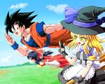  2girls alternate_eye_color apron ascot bare_shoulders black_eyes black_hair blonde_hair blue_eyes blue_sky bow braid broom broom_riding crossover day detached_sleeves dragon_ball dress flying gloves gohei grass hair_bow hair_ornament hair_tubes hakurei_reimu hat hat_bow kamishima_kanon kirisame_marisa long_hair mountain multicolored multicolored_eyes multiple_girls muscle nature ofuda open_mouth ponytail puffy_sleeves shoes short_hair short_sleeves side_braid skirt sky son_gokuu touhou wide_sleeves witch_hat wristband 