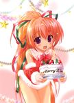  :d absurdres blush brown_hair cake christmas copyright_request detached_sleeves dress english fingerless_gloves food fruit gloves hair_ribbon highres komatsu_eiji long_hair looking_at_viewer merry_christmas open_mouth ponytail purple_eyes ribbon santa_costume smile star strawberry very_long_hair wide_ponytail 