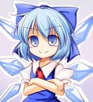 ascot baku-p blue_background blue_eyes blue_hair bow cirno crossed_arms hair_bow ice ice_wings one_eye_closed puffy_sleeves short_hair short_sleeves smile solo touhou upper_body wings 