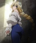  ass bare_shoulders blonde_hair blue_eyes bodysuit braid breasts flower hair_flower hair_ornament highres kyoukaisenjou_no_horizon large_breasts long_hair looking_back mary_stuart non-web_source pantyhose scar screencap single_braid solo stitched third-party_edit very_long_hair 