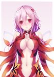  bad_id bad_pixiv_id bare_shoulders blush breasts cleavage elbow_gloves fingerless_gloves gloves guilty_crown hair_ornament highres large_breasts long_hair looking_at_viewer navel pen_(steelleets) red_eyes simple_background solo white_background yuzuriha_inori 