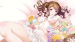  :3 amagami ball breasts brown_eyes brown_hair chibi dress highres lace lace-trimmed_dress lying medium_breasts mushroom musical_note nakata_sae open_mouth otoufu solo star twintails v-shaped_eyebrows wallpaper 
