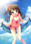  :d absurdres bikini blush bow breasts brown_eyes brown_hair cleavage cloud collarbone day frilled_bikini frills front-tie_top hair_bow highres idolmaster idolmaster_cinderella_girls leaning_forward light_rays long_hair looking_at_viewer medium_breasts navel ocean one_side_up open_mouth outdoors polka_dot polka_dot_bikini polka_dot_swimsuit ponytail shimamura_uzuki side-tie_bikini smile solo sparkle standing sunbeam sunlight swimsuit tanihara_natsuki towel water wet 