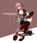  bad_id bad_pixiv_id bandages bandaid blush breasts cleavage ground_vehicle headphones highres medium_breasts motor_vehicle motorized_scooter nitroplus open_mouth pink_hair red_eyes short_shorts shorts simple_background solo star super_sonico thighhighs yajirushi_kaku 