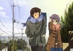  1girl absurdres artist_request bag blush brown_eyes brown_hair cityscape coat day glasses highres house kyon lantern nagato_yuki official_art outdoors purple_hair road_sign scarf short_hair sign suzumiya_haruhi_no_shoushitsu suzumiya_haruhi_no_yuuutsu tree winter_clothes winter_coat 