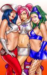  3girls blue_eyes blue_hair breasts cowboy_hat dreadlocks fishnets green_eyes green_hair hairlocs hat headphones headset highres lips lipstick looking_at_viewer makeup midriff miniskirt multiple_girls navel open_mouth pigtails pine_(spc5) pink_eyes pink_hair pudding_(spc5) sega short_skirt skirt space_channel_5 take_(draghignazzo) twintails ulala underboob 