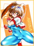  animal_ears blue_bodysuit blush bodysuit brown_eyes brown_hair bunny_ears cameltoe character_name covered_navel cropped_jacket gintama_danshaku gloves goggles goggles_on_head highres makihara_arina short_hair sketch smile solo thighs toned waku_waku_7 