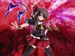  ascot black_legwear brown_hair fal_(falketto) flandre_scarlet fusion hair_ribbon hand_on_hip houjuu_nue long_hair outstretched_arm outstretched_hand red_background red_eyes ribbon side_ponytail skirt smile solo thighhighs touhou wings 