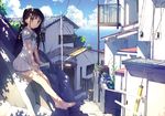  absurdres alley architecture bare_legs barefoot black_hair blue_sky blush book cloud dappled_sunlight day highres house kantoku long_hair looking_at_viewer nagisa_(kantoku) ocean original pleated_skirt retaining_wall scan scenery school_uniform shade sitting skirt sky smile solo stairs sunlight tree_shade two_side_up yellow_eyes 