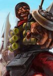  armor arrow bandolier beanie dark_skin dark_skinned_male evil_grin evil_smile explosive eyepatch grin hat highres kuro_dora looking_at_viewer looking_down male_focus scimitar shield smile solo sword team_fortress_2 the_demoman weapon 