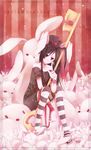  artist_request black_eyes black_hair bunny commentary english_commentary hat hime_cut key long_hair original pants pantyhose smile solo too_many too_many_bunnies top_hat 