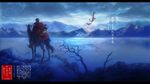  cape child cloud dragon facing_away from_behind landscape mountain multiple_riders pixiv_fantasia pixiv_fantasia_sword_regalia riding sato_(vintage) scenery short_hair sword unicorn weapon 