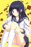  adjusting_clothes adjusting_legwear black_hair blush chitanda_eru colorized highres hoshino_sora hyouka kneehighs long_hair looking_at_viewer panties pantyshot pantyshot_(sitting) pleated_skirt purple_eyes school_uniform serafuku sitting skirt smile solo two-tone_background underwear white_legwear yellow_background 