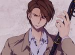  azkn brown_eyes brown_hair dress_shirt hayami_kouhei jewelry kamen_rider kamen_rider_fourze_(series) male_focus ring shakujou shirt smirk solo staff upper_body 