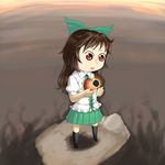  black_legwear bow brown_hair child holding long_hair no_wings open_mouth pianna red_eyes reiuji_utsuho skirt socks solo standing staring touhou 