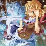  blonde_hair bored bridge green_eyes ice looking_at_viewer mikan_(bananoha) mizuhashi_parsee ponytail scarf short_hair short_sleeves sitting skirt snowflakes solo touhou 