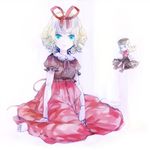  barefoot blonde_hair blue_eyes bow curly_hair doll_joints expressionless flower full_body hair_bow hat lily_of_the_valley looking_at_viewer medicine_melancholy shoes short_hair short_sleeves simple_background sitting skirt solo su-san touhou wariza white_background xero 