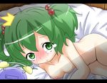  1girl alarm_clock blush breasts clock collarbone green_eyes green_hair groin hair_bobbles hair_ornament kisume letterboxed makuran nipples nose_blush nude short_hair small_breasts solo tears touhou twintails 