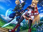  1girl afin animal_ears assault_rifle bad_id bad_pixiv_id blonde_hair blue_eyes boots cat_ears energy_sword gun gunblade juri_(shiningred) knee_boots long_hair original phantasy_star phantasy_star_online_2 pointy_ears red_eyes rifle short_hair skirt sword thighhighs weapon wiola_magica zettai_ryouiki 