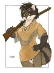  brown_eyes caplock female indian kalahari mammal musket plain_background raccoon ranged_weapon solo weapon white_background 