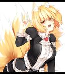  alternate_costume animal_ears ascot belt blonde_hair breasts commentary_request eyebrows fingernails flower fox_ears fox_shadow_puppet fox_tail frills large_breasts letterboxed long_sleeves multiple_tails nanairo_neru open_mouth puffy_sleeves rose short_hair simple_background solo tail touhou white_background yakumo_ran yellow_eyes 