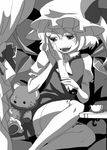  ascot crystal cup curtains flandre_scarlet greyscale guro hands hat komekasi monochrome open_mouth puffy_sleeves severed_hand short_hair short_sleeves side_ponytail sitting solo stuffed_animal stuffed_toy teacup teddy_bear thighhighs touhou wings yandere 