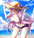  bikini bikini_under_clothes breasts cleavage collarbone crescent day food hands_on_headwear hat large_breasts leaning_forward long_hair mouth_hold navel patchouli_knowledge popsicle purple_eyes purple_hair ram_hachimin side-tie_bikini sleeves_pushed_up solo straw_hat striped striped_bikini sun_hat sunlight sweat swimsuit swimsuit_under_clothes touhou vertical-striped_bikini vertical_stripes 