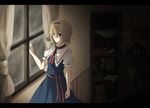  alice_margatroid blonde_hair blue_eyes book bow capelet drape dress hairband hand_on_window lamp letterboxed marble rain ribbon sash short_hair short_sleeves solo stuffed_animal stuffed_toy teddy_bear toosaka_asagi touhou vase window 