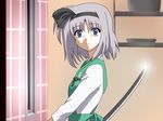  apron black_hairband blue_eyes blush crossover fuyou_kaede grey_hair hair_ribbon hairband konpaku_youmu long_sleeves parody ribbon shirosato shuffle! smile solo sword touhou weapon yandere 