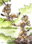  couple duo feline female forest jumping lion loincloth male mammal megan_giles nature nude outside tree water wood 