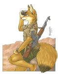  canine desert fox kalahari male mammal pale_fox ranged_weapon sitting solo uniform weapon 