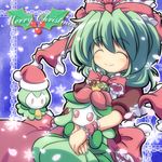  arm_ribbon blush bow christmas closed_eyes crossover dress front_ponytail gen_5_pokemon green_hair hair_bow hair_ornament hair_ribbon hat holding kagiyama_hina lilligant long_hair merry_christmas nullpooo petilil pokemon pokemon_(creature) red_dress red_eyes ribbon santa_hat short_sleeves smile snowflakes touhou 