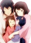  2girls ame_(ookami_kodomo) animal_ears black_hair brown_eyes brown_hair family fangs father_and_daughter father_and_son hana_(ookami_kodomo) hug long_hair maruki_(punchiki) mother_and_daughter mother_and_son multiple_boys multiple_girls ookami_kodomo_no_ame_to_yuki ookami_otoko short_hair smile tail v wolf_ears wolf_tail yuki_(ookami_kodomo) 