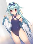  3: aqua_hair bare_shoulders blue_swimsuit covered_navel detached_sleeves dutch_angle hair_intakes hair_ornament hairclip highres kashiwamochi_yomogi long_hair looking_at_viewer mogami_yoshiaki_(sengoku_collection) new_school_swimsuit one-piece_swimsuit red_eyes school_swimsuit sengoku_collection shiny shiny_clothes shiny_skin solo strap_slip swimsuit very_long_hair wet wet_clothes 