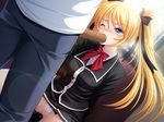  1girl blonde_hair blue_eyes blush chikan fellatio game_cg hair_ribbon highres inraku_chikan_densha lingerie molestation oral panties pink_panties pussy_juice ribbon school_uniform sitting tears train train_interior twintails underwear wink 