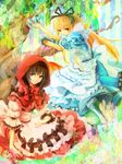  alice_(wonderland) alice_(wonderland)_(cosplay) alice_in_wonderland black_hair blonde_hair braid cosplay da_qiao dress_shirt hair_ribbon little_red_riding_hood little_red_riding_hood_(grimm) little_red_riding_hood_(grimm)_(cosplay) long_hair multiple_girls nashinomiya red_eyes ribbon shin_sangoku_musou shin_sangoku_musou_6 shirt twin_braids wang_yuanji yellow_eyes 