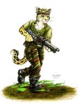  feline kalahari leopard male mammal manged_weapon plain_background ranged_weapon running solo uniform weapon white_background 