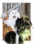  autumn canine couple duo female loincloth magic male mammal megan_giles polearm staff sword topless weapon wolf 