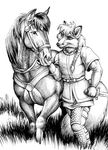  ardashir canine duo equine female feral fox grin horse line_art mammal megan_giles melee_weapon monochrome mount pigtails plain_background white_background 