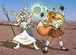  4_toes armlet armor barefoot breasts brown_fur canine circlet claws couple desert dress duo eyes_closed female fox fur humor lagomorph magic mammal megan_giles melee_weapon midriff multicolor_fur orange_fur photo_background polearm rabbit spell staff sword toe_claws two_tone_fur weapon white_fur 